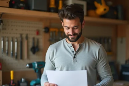 Homme tenant son diplôme de certification bricolage dans un atelier bien rangé, regardant fièrement son document officiel