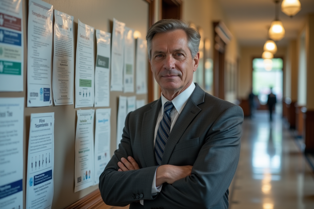 Homme d age devant panneau d informations universitaires