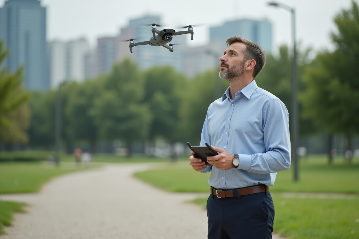 Homme observant un drone dans un parc urbain