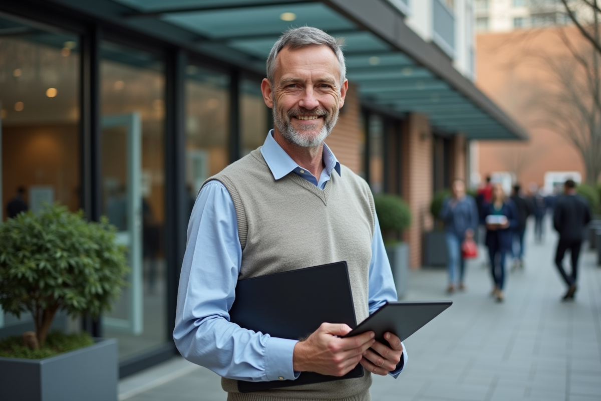 Homme avec dossier et tablette devant centre de formation