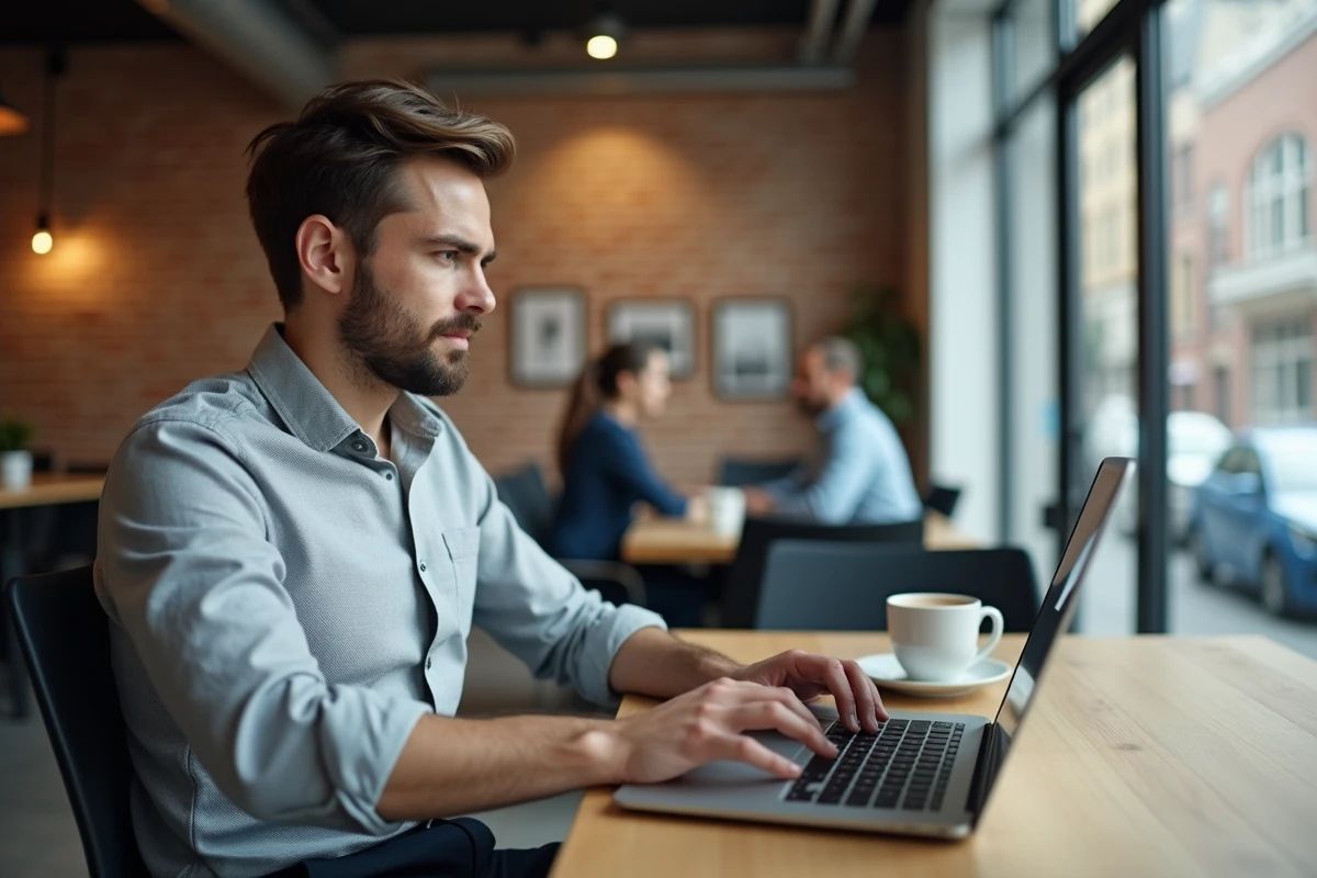 Homme tapant une lettre de motivation sur son ordinateur portable dans un espace de coworking moderne