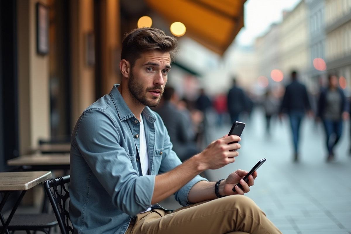 Homme surpris utilisant l