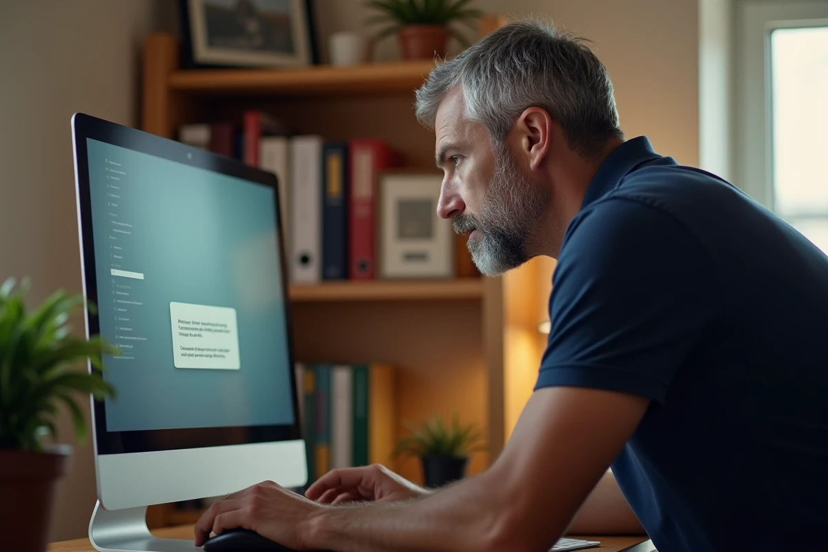 Homme en télétravail confronté à un message d'erreur sur l'écran de son ordinateur de bureau lors d'une tentative de connexion