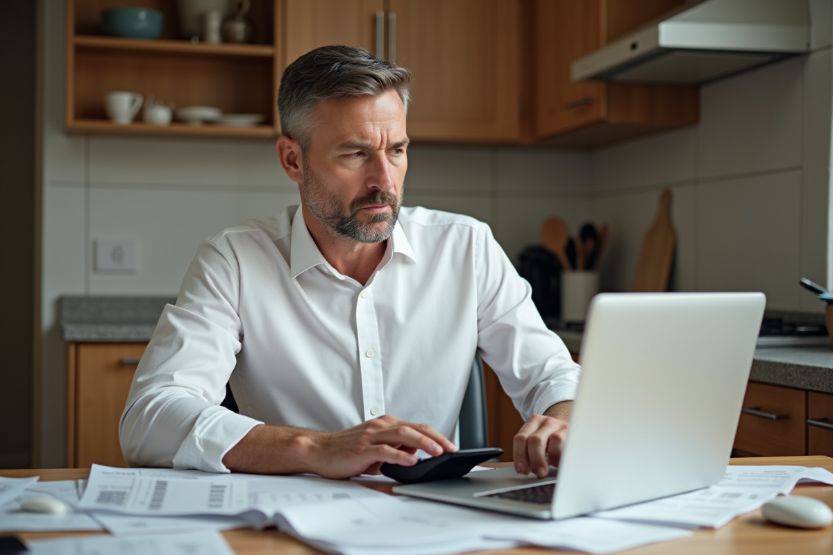 Homme organisé ses finances à la maison avec calculatrice