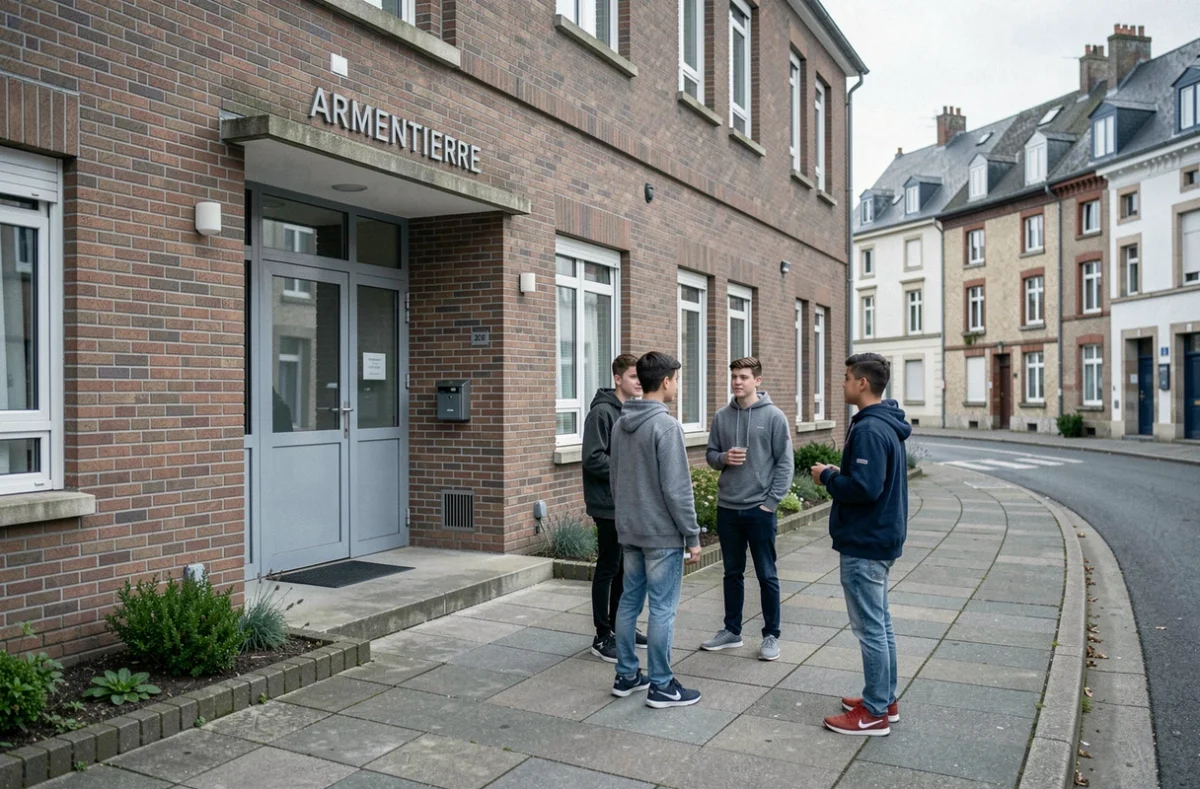 Façade de l'Institution Saint Jude à Armentières avec élèves en pause devant l'entrée