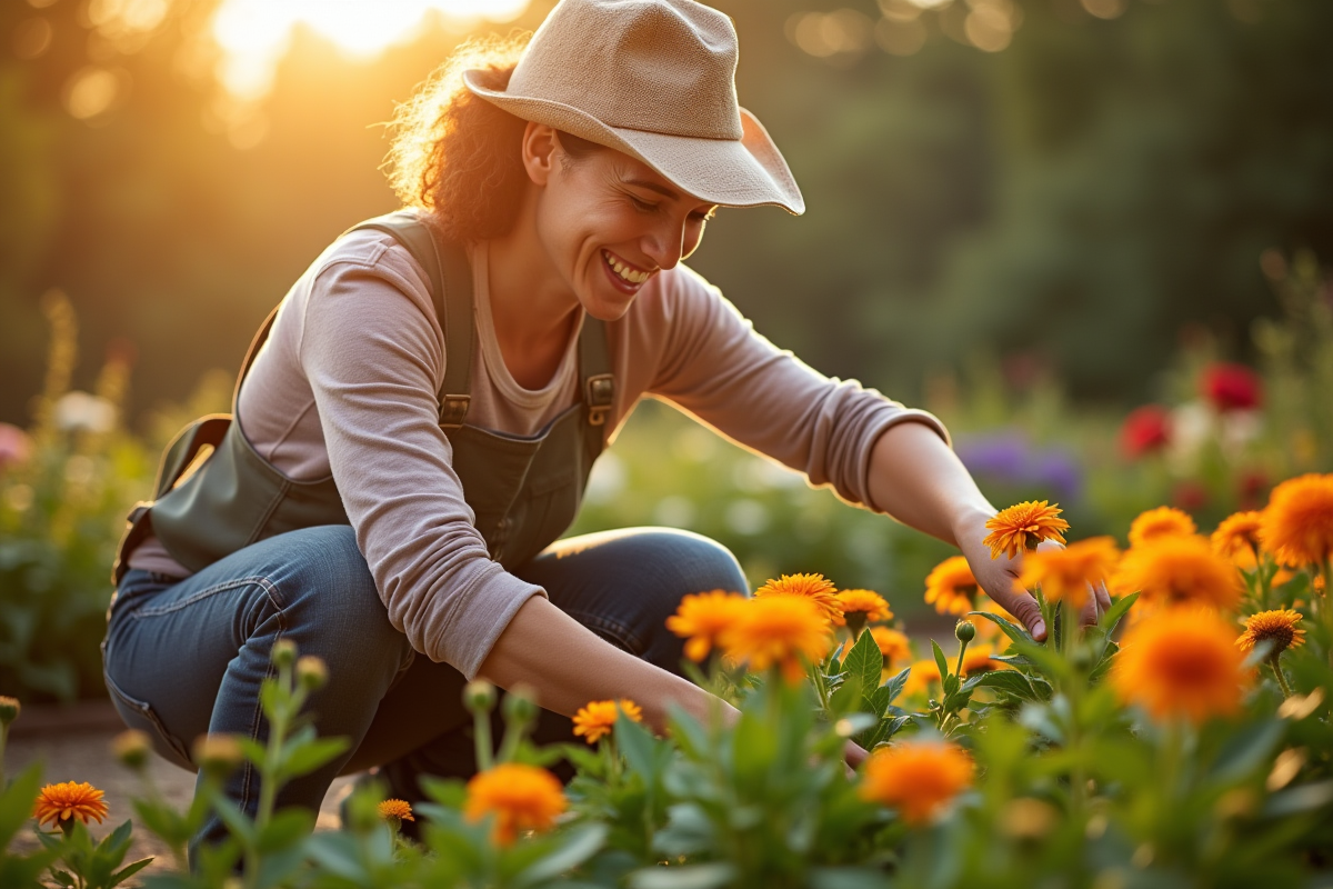Jardinier soignant des fleurs dans un jardin communautaire en fin de journée