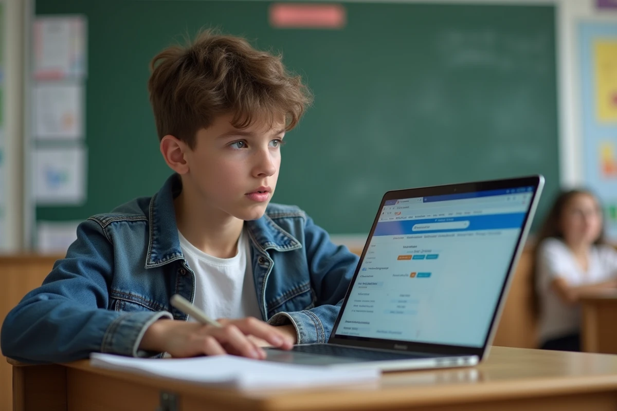 Jeune garçon concentré devant son ordinateur en classe