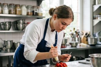 Jeune femme en chef décore une tarte aux fraises avec précision