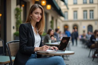 Jeune femme au café de Bordeaux travaillant sur son ordinateur