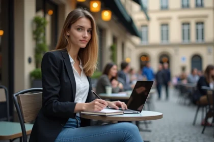 Jeune femme au café de Bordeaux travaillant sur son ordinateur
