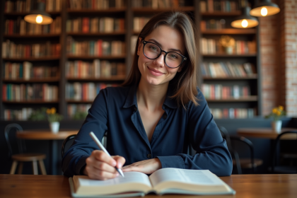 Jeune femme lisant un dictionnaire dans un café cosy