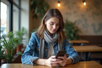 Jeune femme au café utilisant une calculatrice mobile