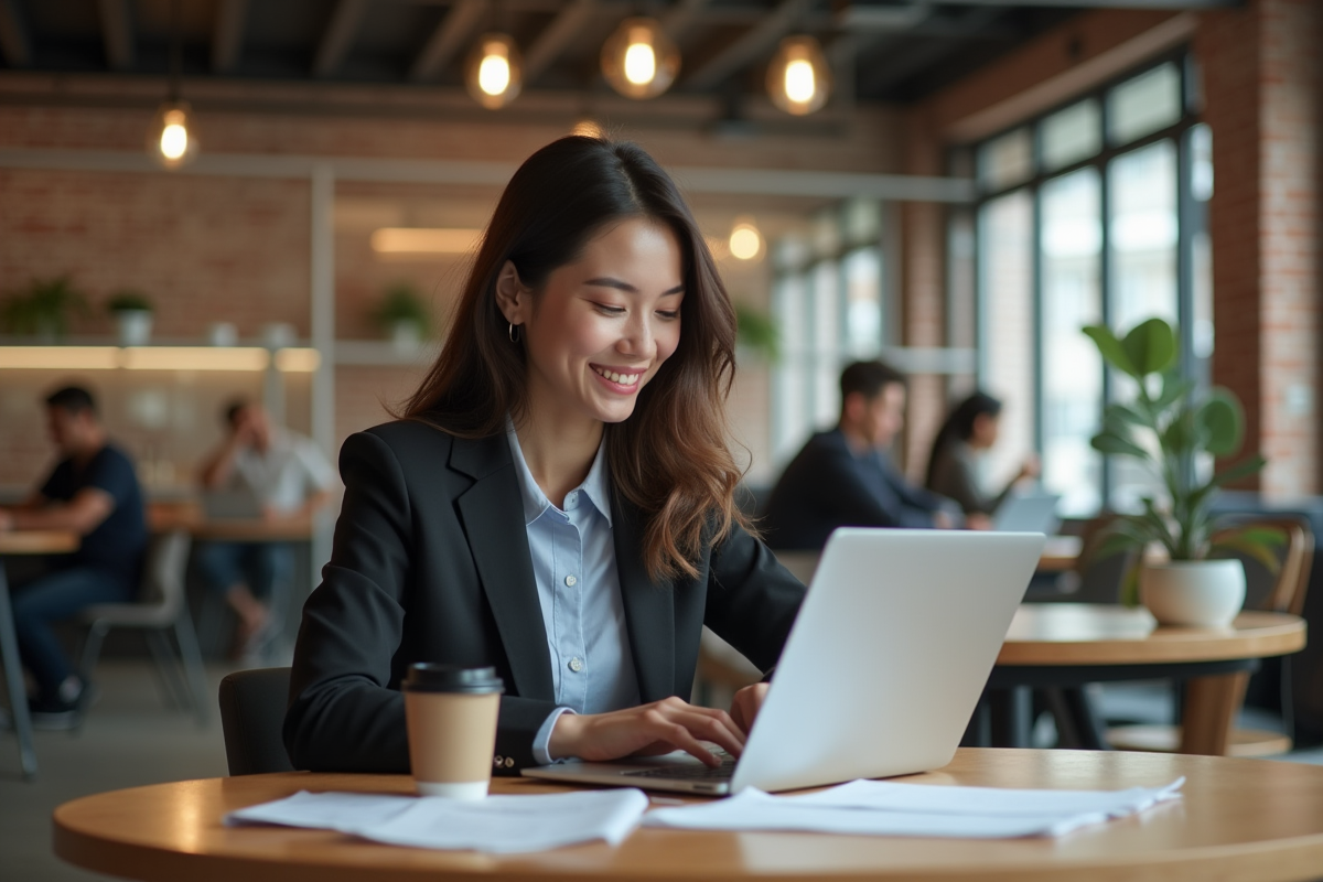 Jeune femme en coworking moderne travaillant sur son ordinateur
