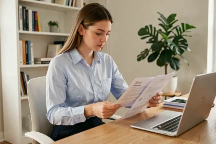 Jeune femme relisant son CV format suisse pour un stage dans un bureau minimaliste