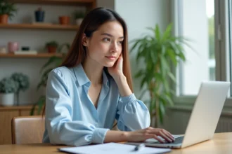 Jeune femme en blouse bleue travaillant sur un ordinateur portable