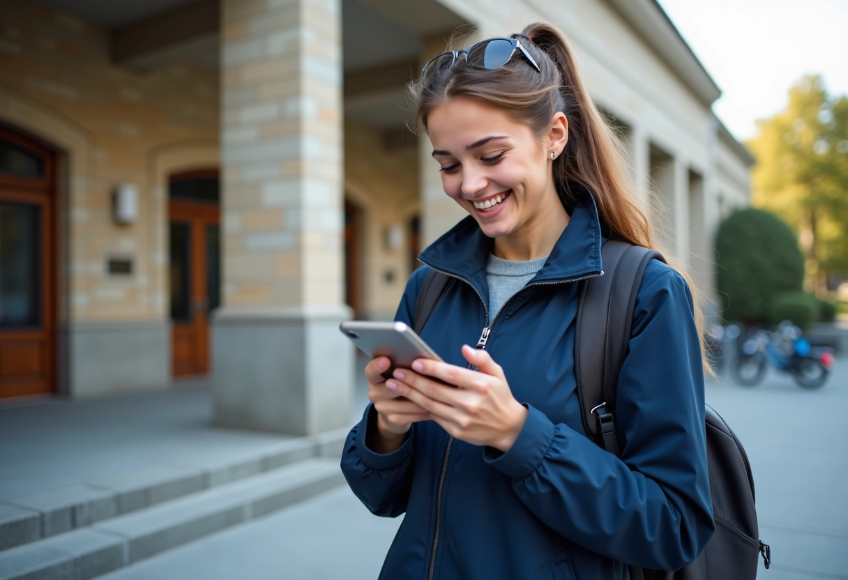 Jeune étudiante vérifiant son smartphone devant une université