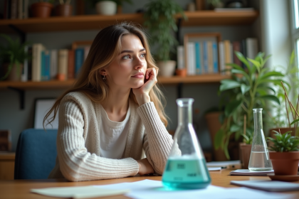Jeune femme en laboratoire avec béchers en expérimentation