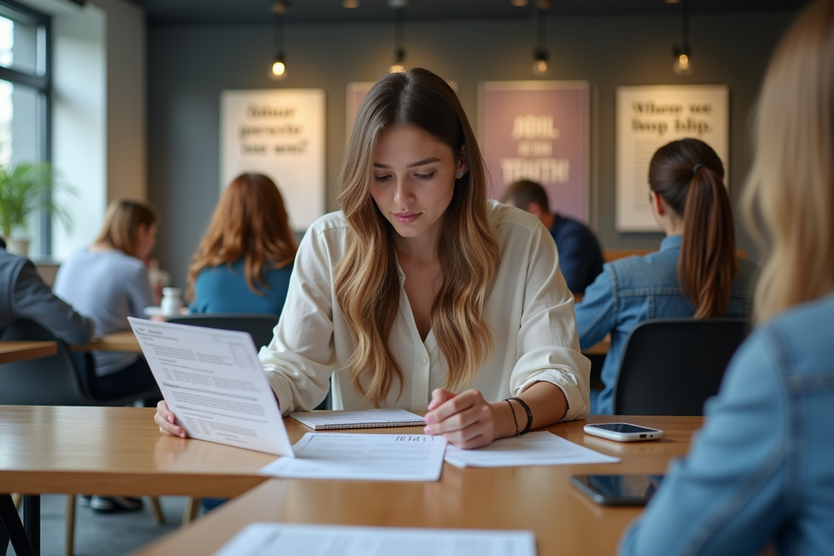 Jeune femme attentive examinant une brochure de formation