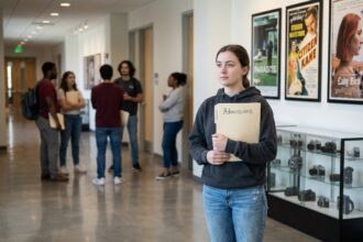 Jeune femme dans un hall d'école de cinéma contemplant un dossier