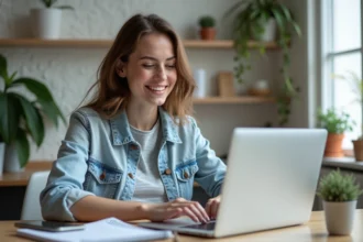 Jeune femme souriante utilisant l'application Comptalia à son bureau