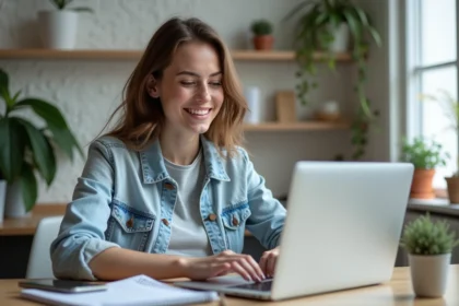 Jeune femme souriante utilisant l'application Comptalia à son bureau