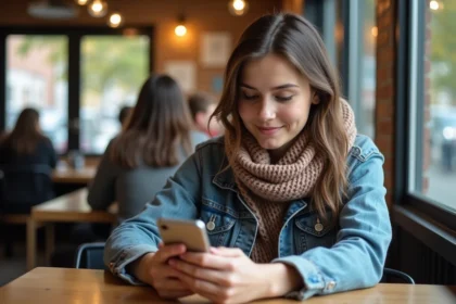 Jeune femme au café regardant son smartphone