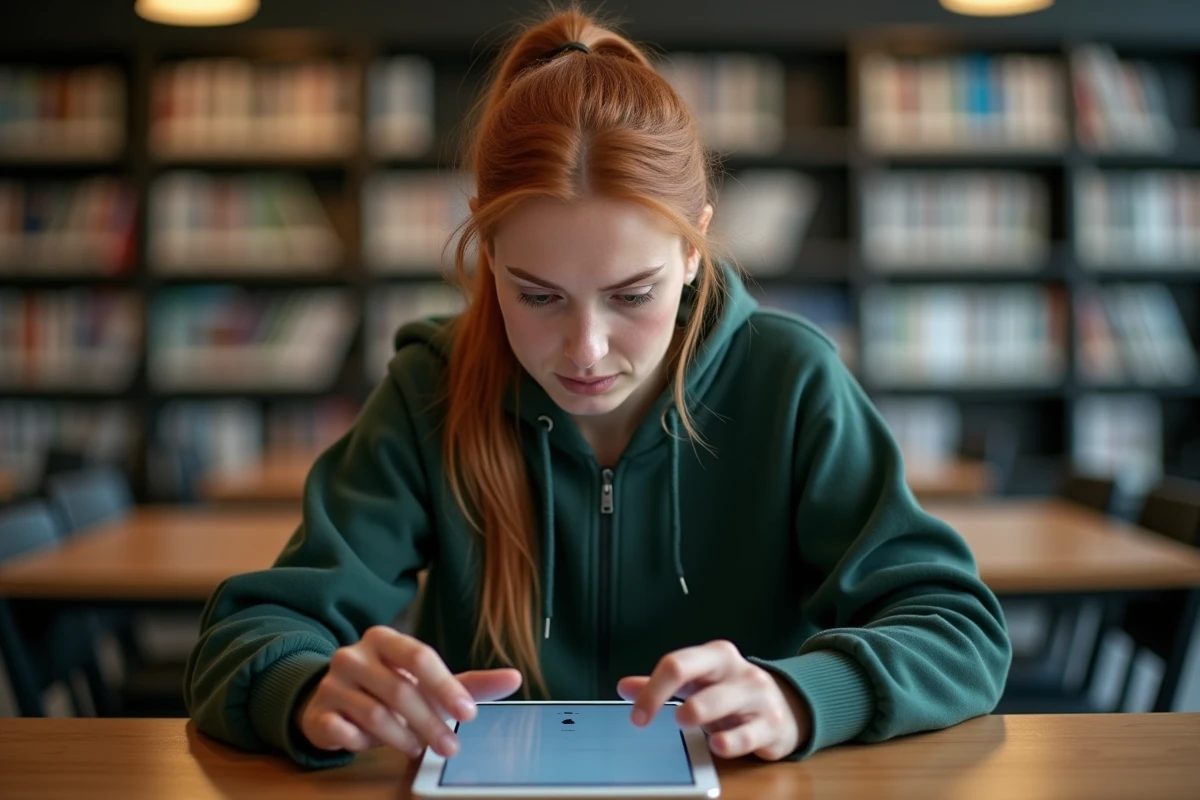 Jeune femme dans une bibliothèque consultant une tablette affichant un message d'erreur de connexion à un espace personnel en ligne