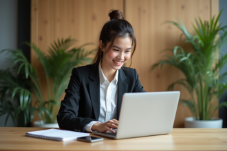 Jeune femme en coworking travaillant sur son ordinateur portable