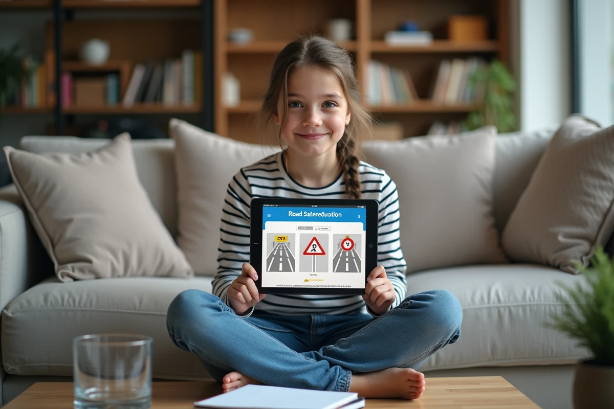 Jeune fille préparant l'examen ASSR sur une tablette dans le salon familial