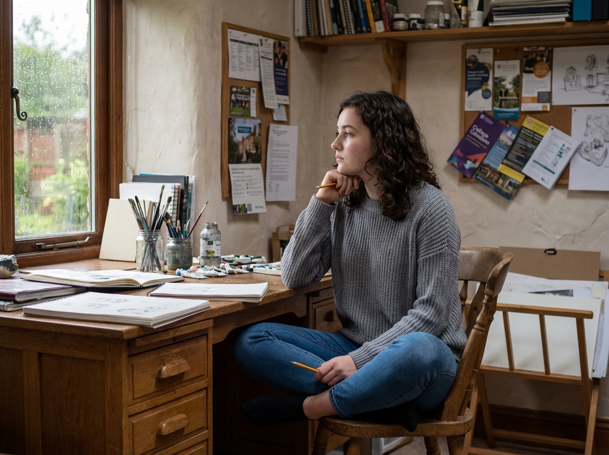 Jeune fille pensive dans son bureau créatif