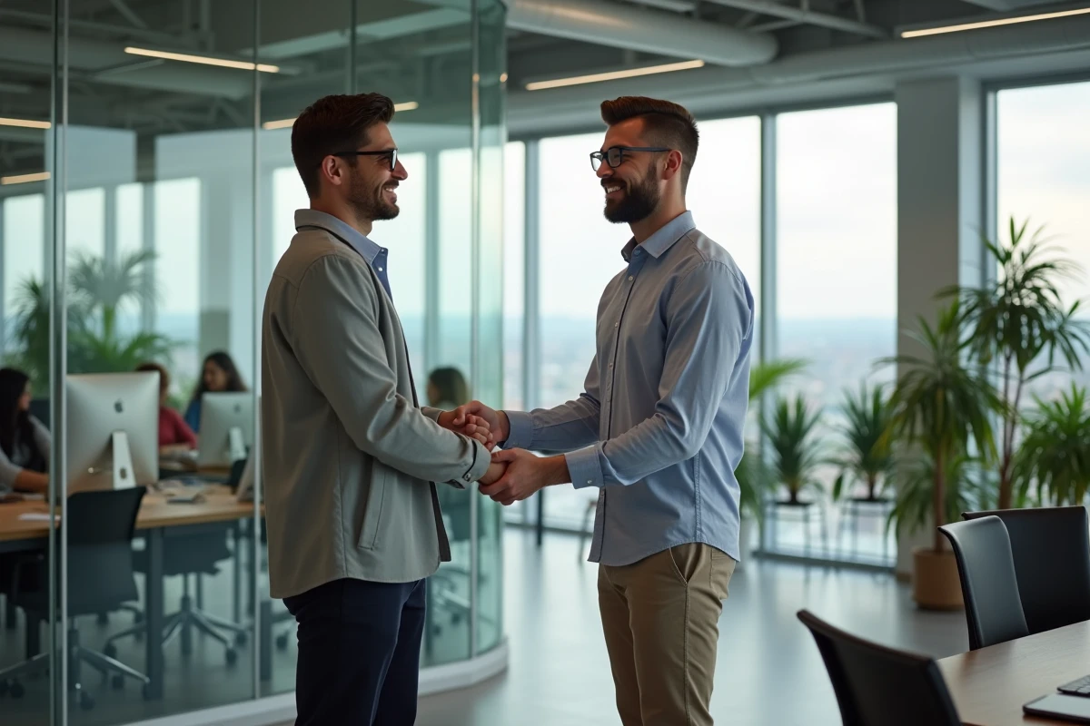 Jeune homme en réunion serrant la main d’un responsable
