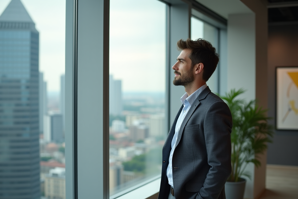 Jeune professionnel regardant par la fenêtre d