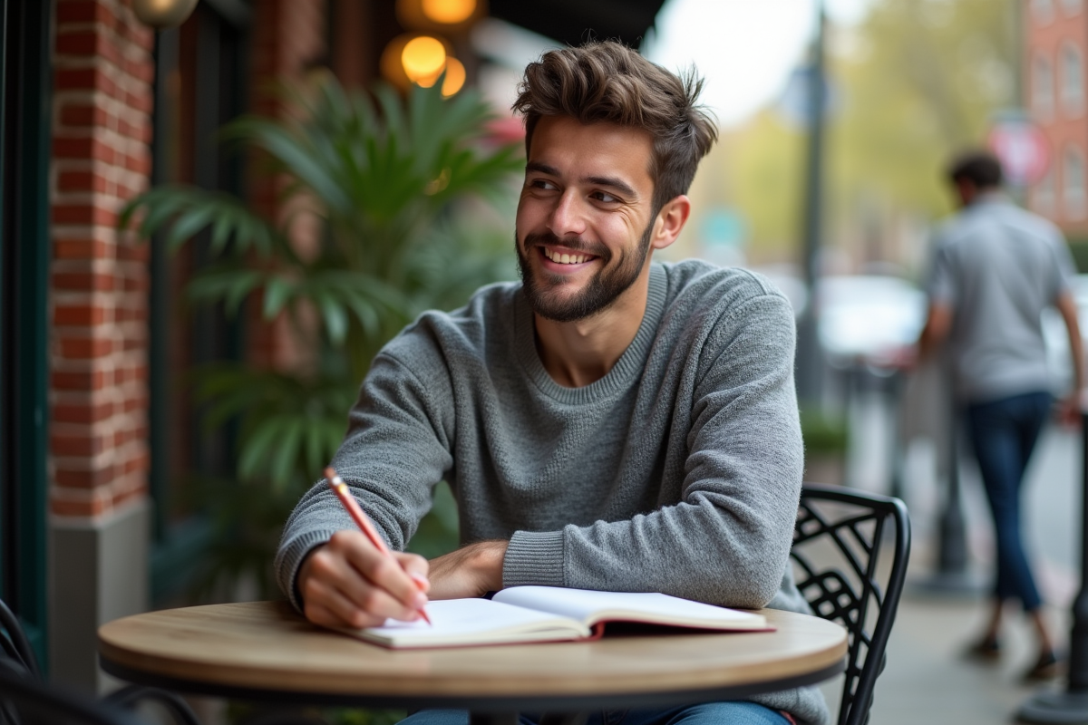 Jeune homme prenant des notes dans un café urbain