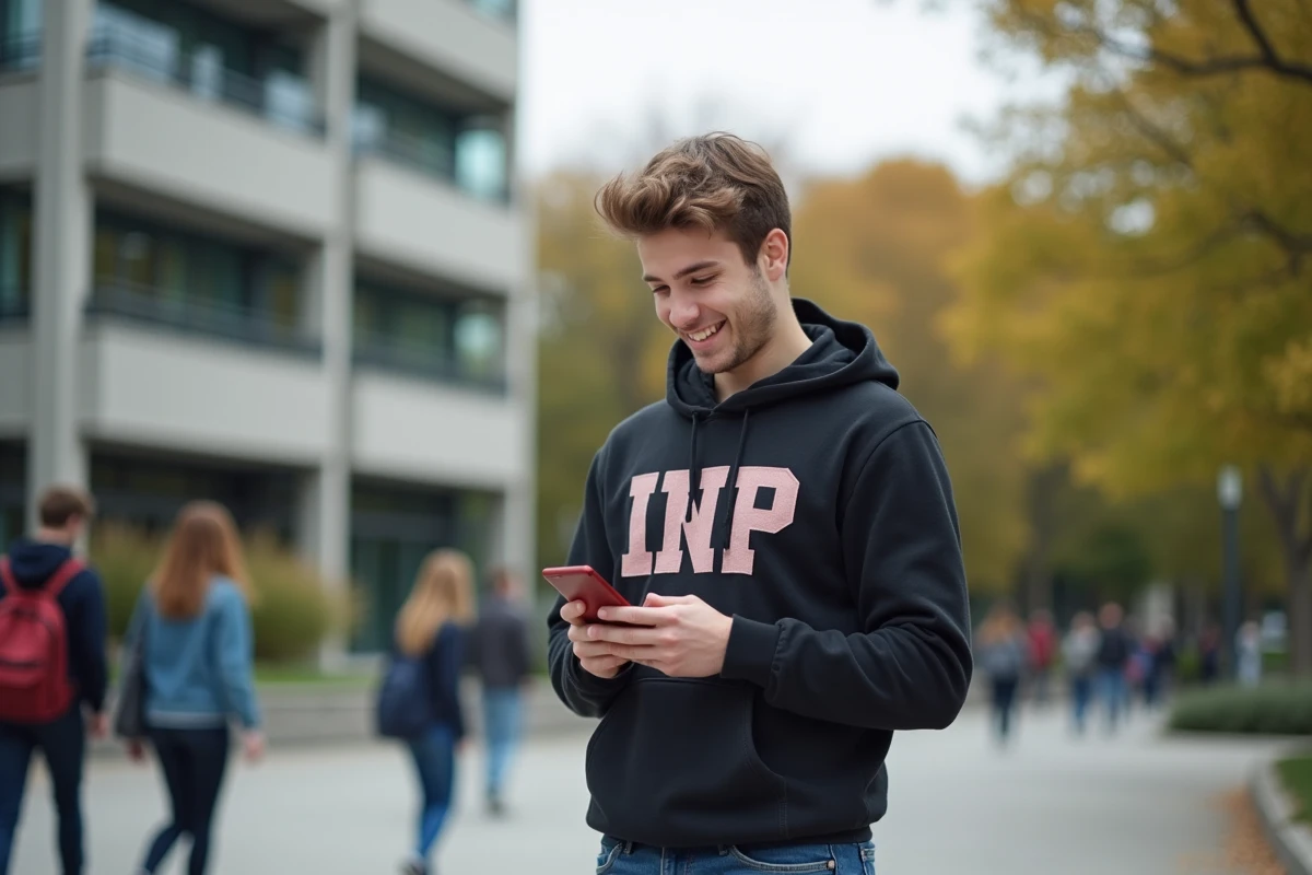 Jeune homme étudiant vérifiant ses notes sur mobile