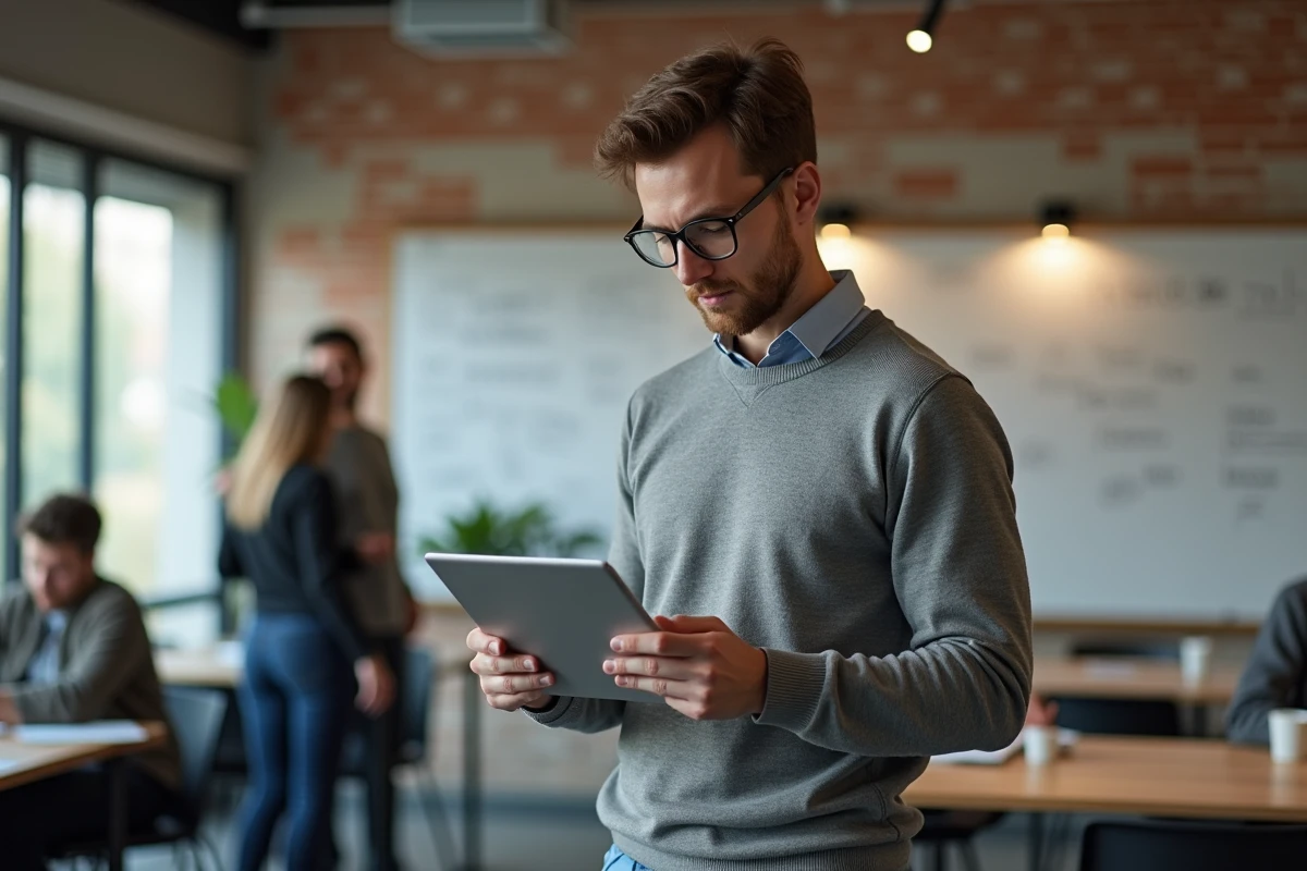 Jeune homme au coworking avec tablette et notes
