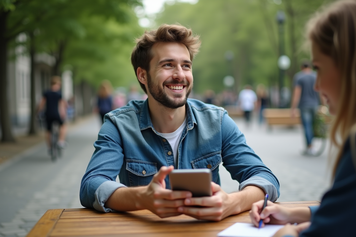 Jeune homme souriant discutant avec un ami en plein air dans un parc urbain