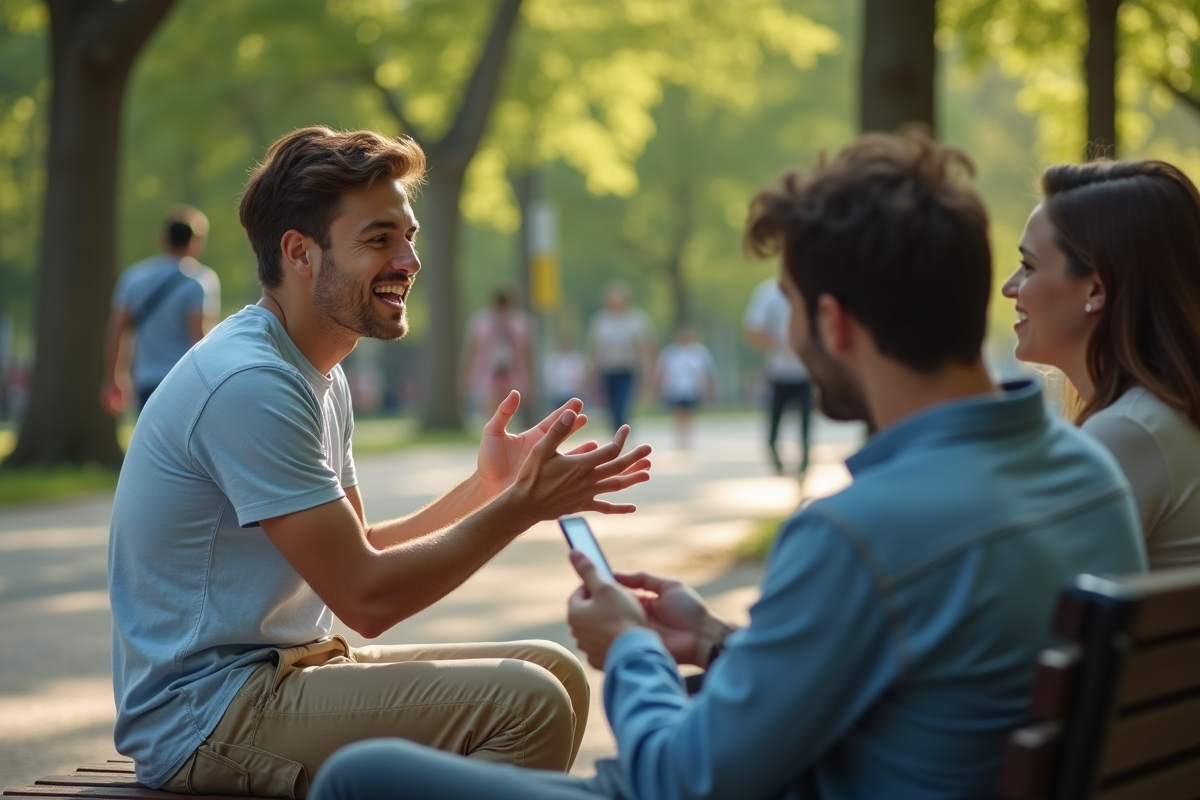 Jeune homme racontant une histoire à ses amis dans un parc