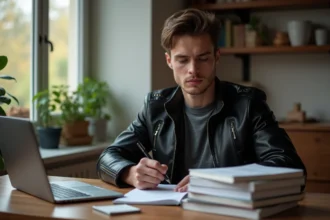 Jeune homme concentré à étudier le code de la route