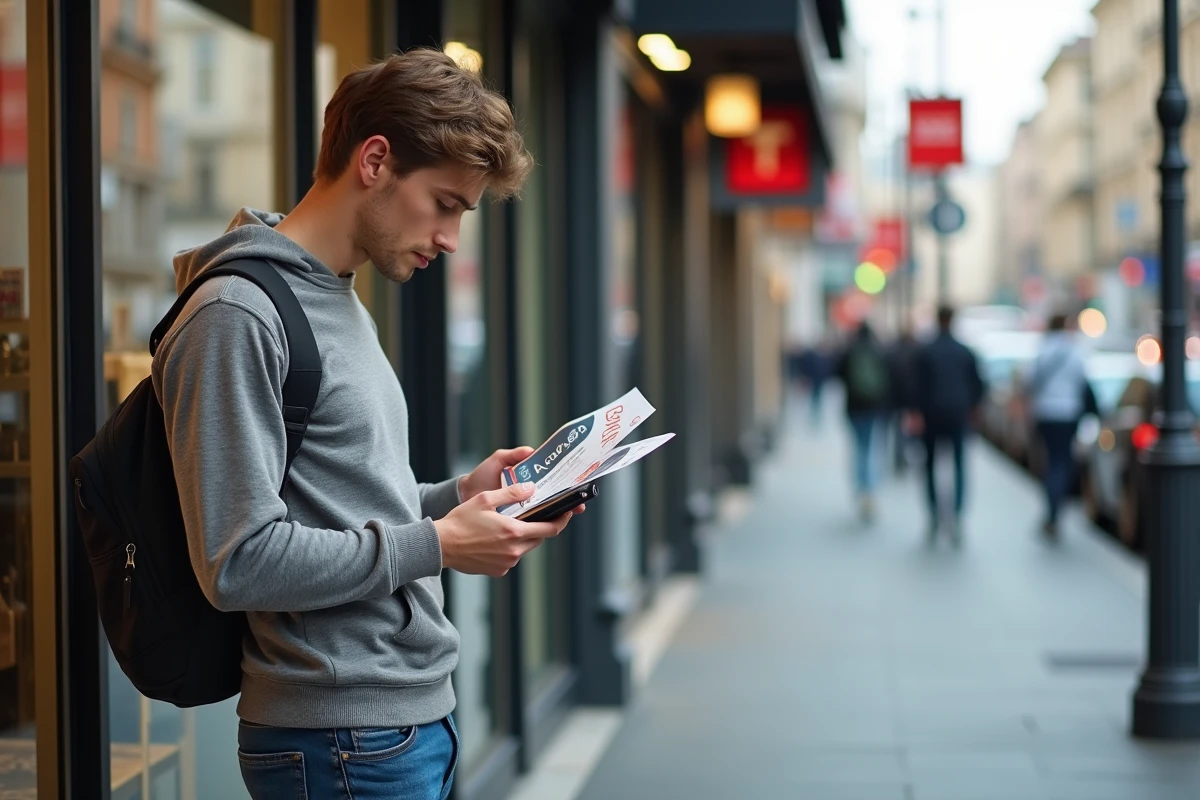Jeune homme vérifie flyers ACACED dehors en ville