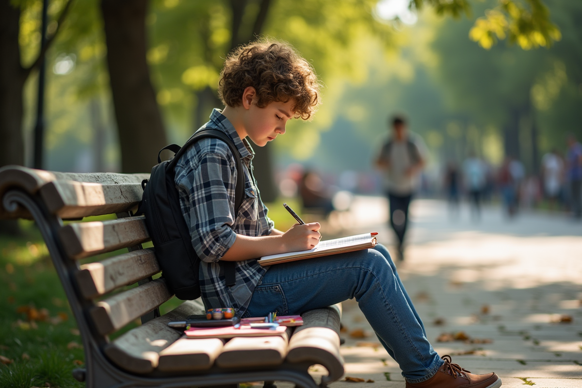 Jeune garçon ajoutant des collages dans son journal en plein air