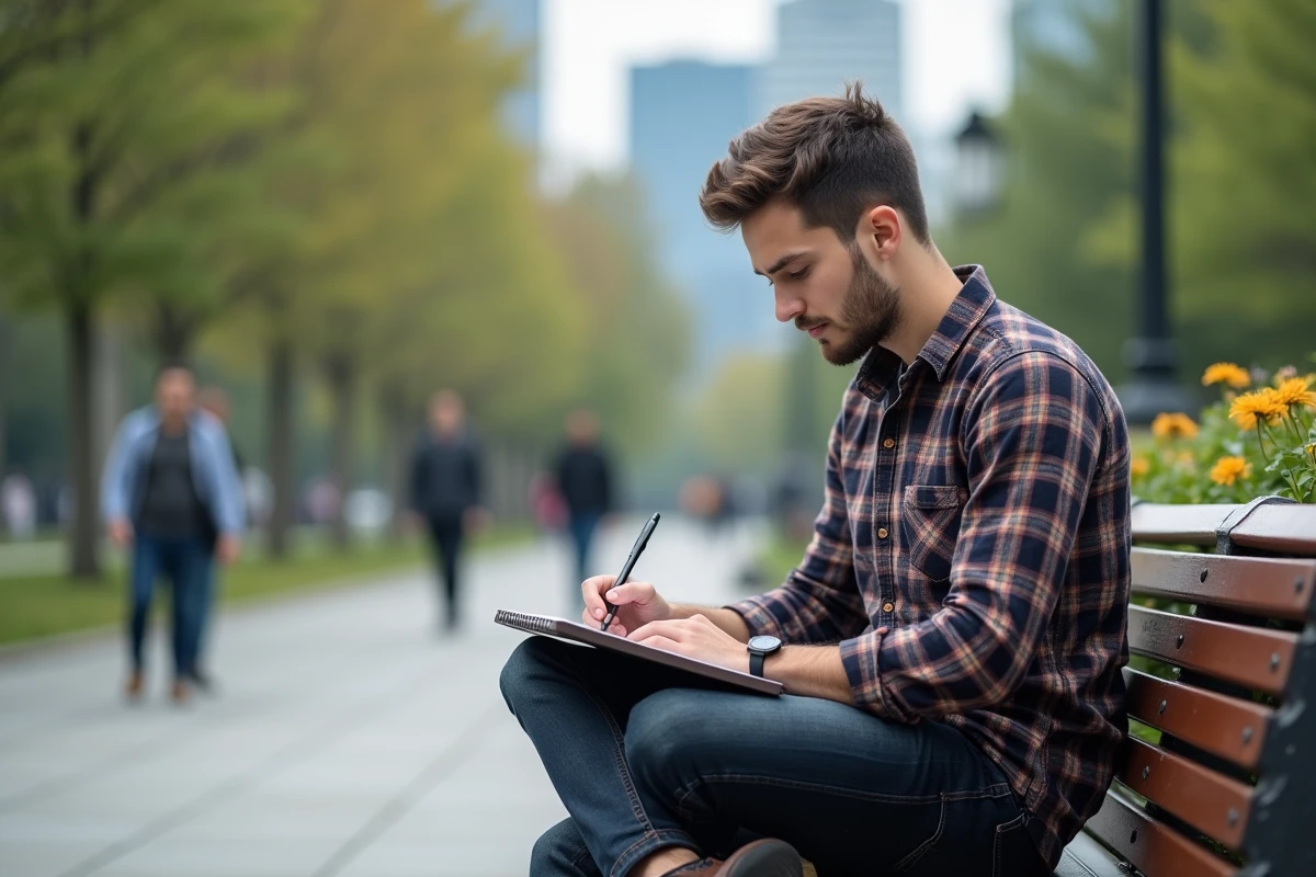 Jeune homme lisant un carnet dans un parc urbain