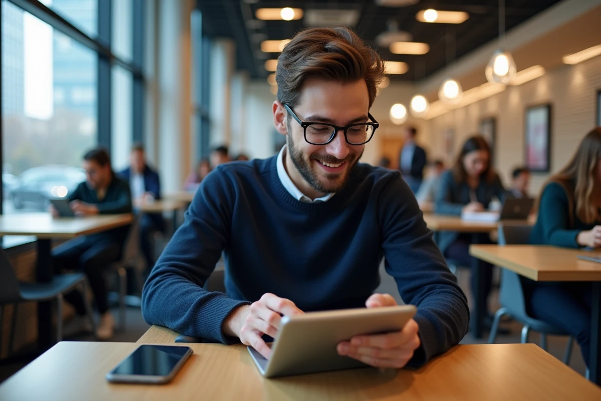 Jeune homme concentré utilisant la tablette Comptalia en espace partagé