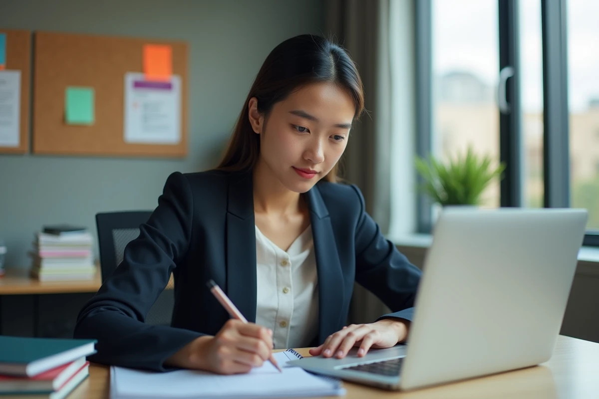 Jeune femme en train de prendre des notes au bureau