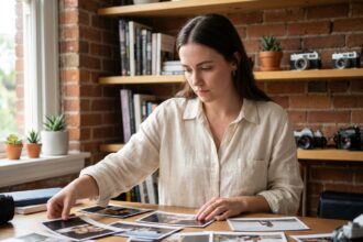 Jeune photographe féminine organisant son portfolio photo sur un bureau en bois dans un studio créatif