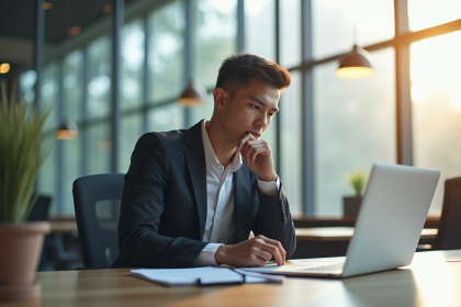 Jeune professionnel en costume préparant un entretien dans un bureau moderne