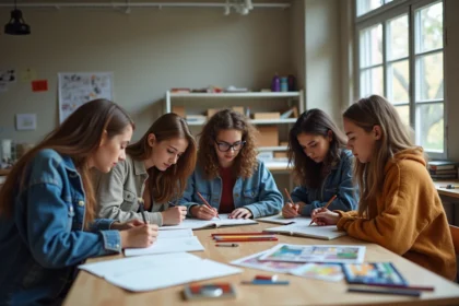 Groupe de jeunes artistes concentrés en atelier créatif