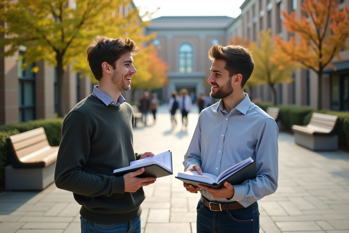 Deux jeunes discutant dehors sur un campus en automne