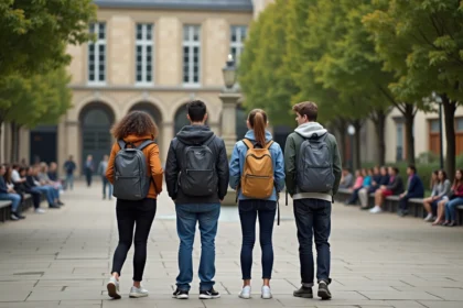 Groupe de lycéens français dans la cour extérieure