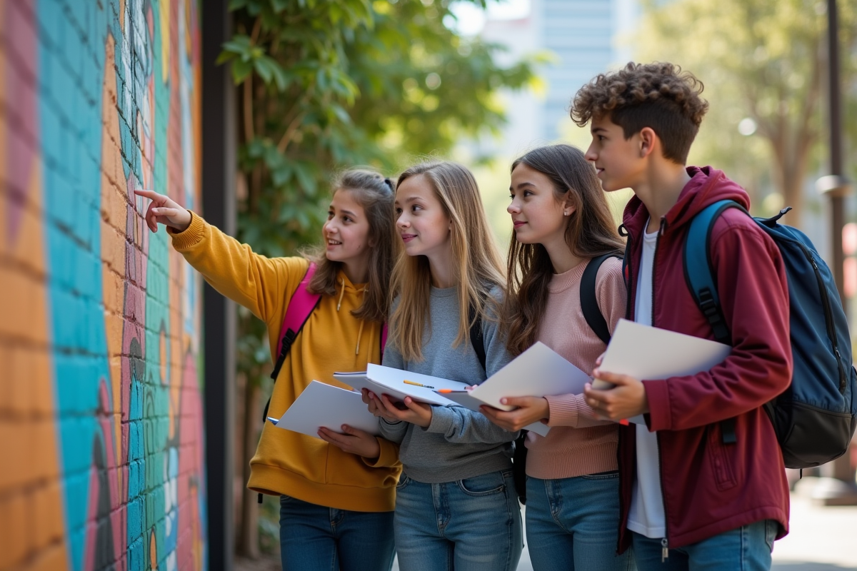 Quatre adolescents collaborant devant un mural coloré en extérieur