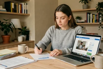 Jeune femme consultant une fiche métier imprimée pour choisir sa formation professionnelle, assise à un bureau avec un ordinateur portable